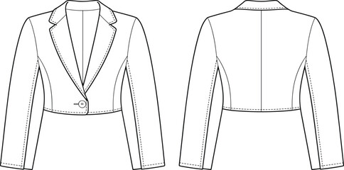 Cropped women's blazer vector flat sketch front and back technical fashion illustration sewing pattern template editable EPS high resolution lineart