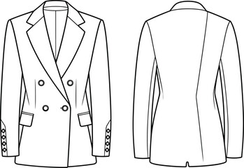 Vector technical flat of double-breasted tailored blazer with notched lapels, flap pockets, sleeve button details, front and back views illustration
