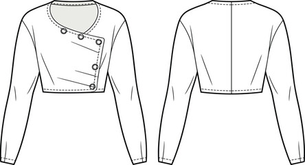 Vector technical flat of cropped asymmetrical double-breasted jacket with diagonal button placket, long sleeves, topstitching, front and back views illustration