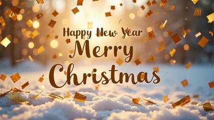 Golden confetti shower celebrates Happy New Year and Merry Christmas in stunning 4K, perfect for personalized holiday greetings and festive cheer