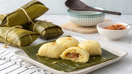 Steamed barbadian conkies prepared from cornmeal wrapped in banana leaves