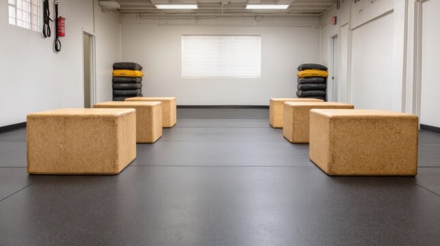 Modern indoor gym space with exercise blocks arranged in an organized layout for fitness training and workout activities promoting health and wellness