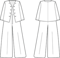 Vector women's tailored jacket, wide leg trousers technical flat fashion illustration, buttoned jacket, high waist pants, seam detailing, relaxed silhouette