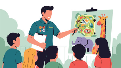Children learning about animals from a zoo guide during an educational tour. Ideal for school trips, outdoor learning, and informative experiences
