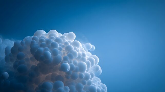 An abstract formation of translucent spheres glowing softly against a deep blue gradient