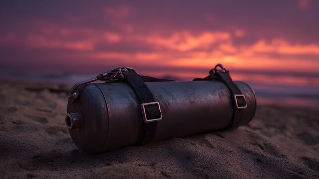 A metallic cylinder with straps rests on a sandy beach during a vibrant crimson sunset