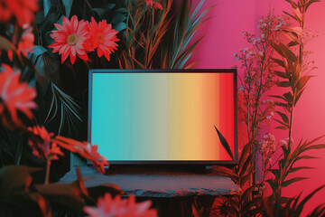 A sleek modern Technical Difficulties screen with minimalist glitch effects, Spring background with slate board and flowers