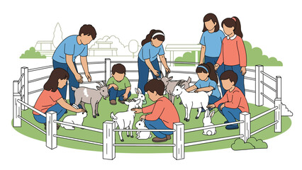 Children feeding and petting animals inside the petting zoo area. Ideal for hands-on learning, interaction, and family-friendly entertainment themes