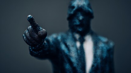 A digital representation of a figure in a suit, pointing forward, composed of binary code, evoking themes of technology and communication.