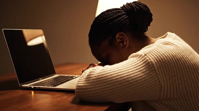 Young Woman with Braided Hair Resting Forehead on Desk in Dimly Lit Room Working on Laptop