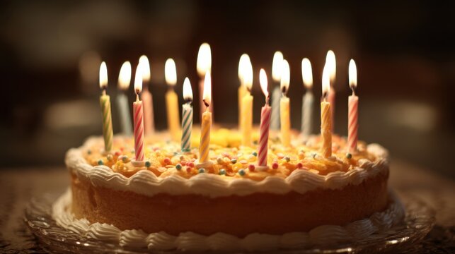 A cake decorated with colorful sprinkles and lit candles stands ready for a birthday celebration bringing warmth and joy to the gathering. Friends and family gather around.
