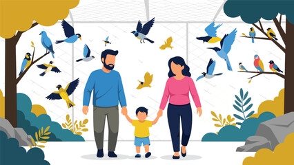 Family walking inside the bird aviary observing colorful species. Ideal for nature learning, wildlife ecology, and peaceful zoo experiences