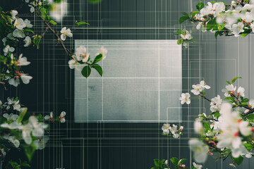 A sleek modern Technical Difficulties screen with minimalist glitch effects, Spring background with slate board and flowers