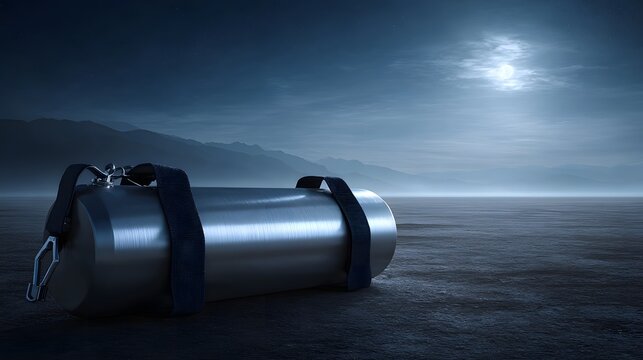 A metallic cylinder with straps rests on a desolate plain under the soft glow of the moonlit night sky