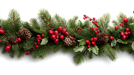 A festive Christmas garland features green evergreen branches, natural pinecones, and vibrant red berries