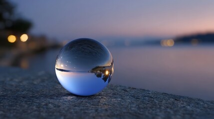A glass sphere on a stone surface reflects the tranquil twilight scene with distant glowing lights over the water