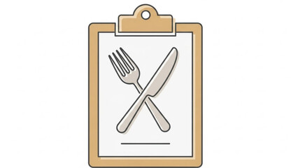 Simple icon of a clipboard with a crossed fork and knife representing a food order, menu, or restaurant service