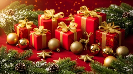 Christmas Scene with Red Gift Boxes, Golden Reindeer, Ornaments, and Pine Branches on Glowing Red Background