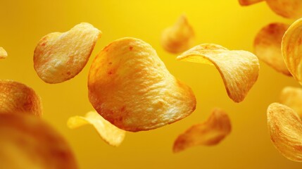 Waves of crispy potato chips hover against a bright yellow background showcasing their texture and shape. The scene is lively and full of energy inviting snack lovers to indulge.