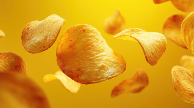 Waves of crispy potato chips hover against a bright yellow background showcasing their texture and shape. The scene is lively and full of energy inviting snack lovers to indulge.