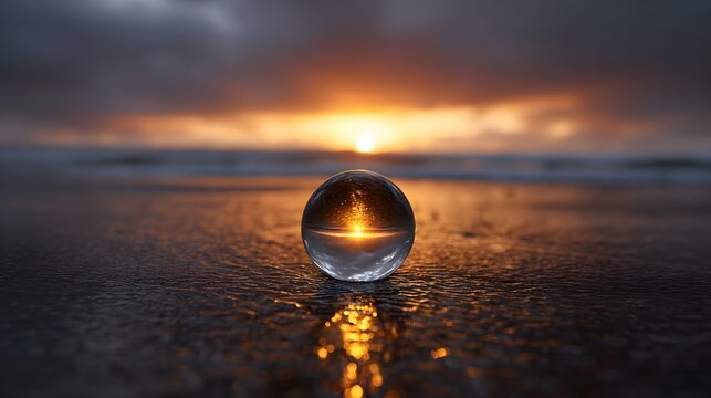 A glass sphere rests on a wet beach capturing the vibrant reflection of a dramatic sunset over the ocean
