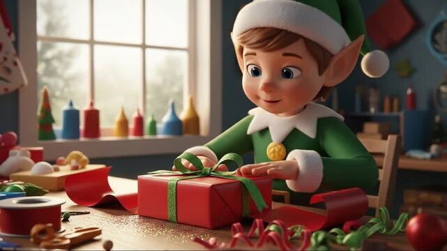 Animated Elf Carefully Wrapping Christmas Presents with Joyful Precision