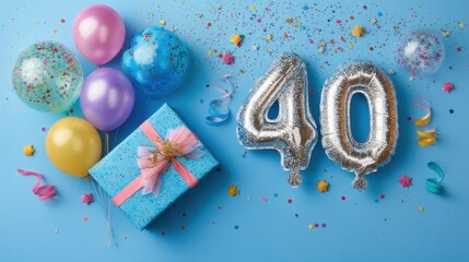 A vibrant setup shows a blue background with colorful balloons a wrapped gift box and silver balloons stating 40 perfect for a birthday celebration.