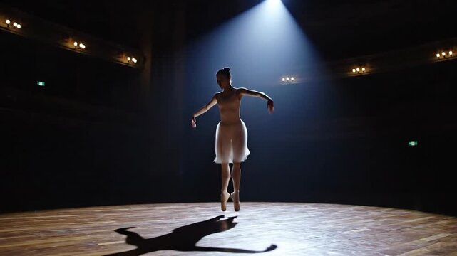 Graceful ballet dancer in mid air leap on stage with dramatic spotlight illumination and stage lighting
