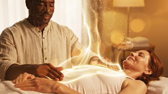 Man provides energy therapy to woman for spiritual healing and wellness session