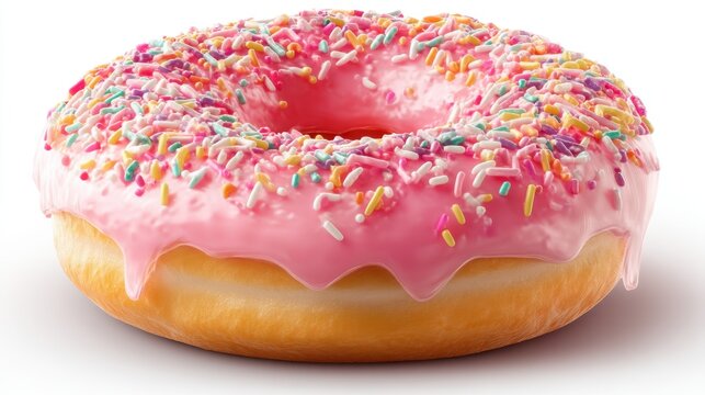 A pink frosted donut with vibrant sprinkles sits invitingly on a clean surface. This treat is perfect for breakfast or as a snack appealing to anyone with a sweet tooth.