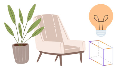 Fototapeta premium Armchair next to potted plant, glowing light bulb, and outlined cube. Ideal for creativity, innovation, interior design, minimalism, modern living, relaxation and conceptual thinking in a simple
