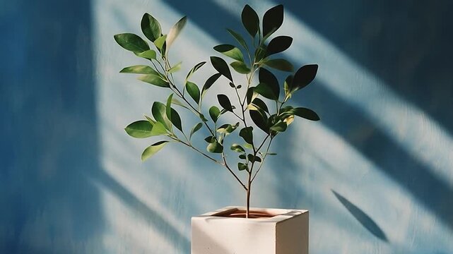 A slender green plant in a cube pot set against a pale blue wall with light & shadows