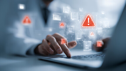 AI risk management and ethics safety concept with checklist and alert icons floating over laptop as professional ensures responsible artificial intelligence system through compliance and validation 