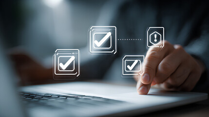 AI risk management and ethics safety concept with checklist and alert icons floating over laptop as professional ensures responsible artificial intelligence system through compliance and validation 
