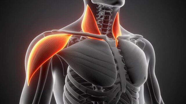 Human shoulder and neck muscles anatomy highlighted in red