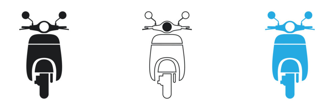 Chic scooter icons in black, white and blue for modern urban lifestyle designs, offering clean vector simplicity for transportation themes and trendy graphic projects