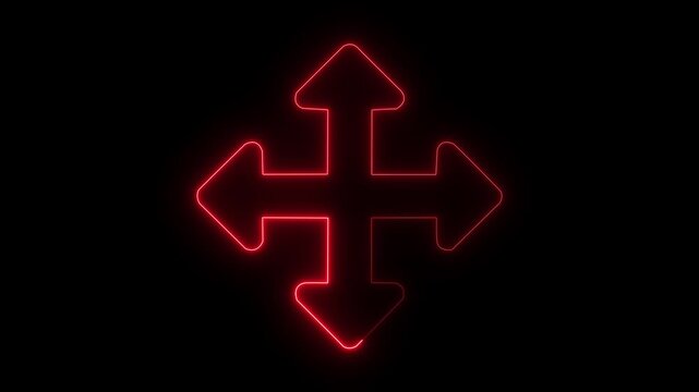 glowing neon fullscreen icon animation black background. 4K Video motion graphic animation. glowing  figure with three-way arrow symbol, showing adaptability, multitasking, decision direction,