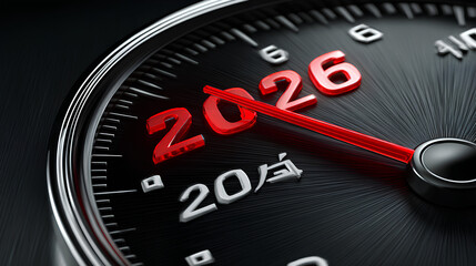Black speedometer with needle moving to the year 2026 