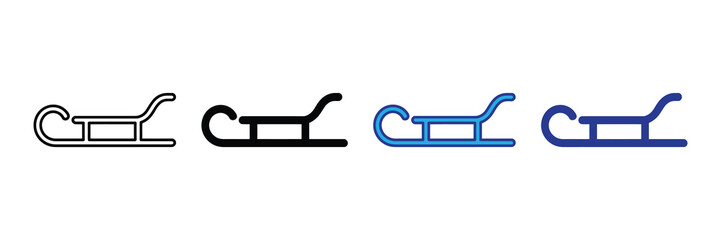 Set of four sled icons in outline, solid black, light blue, and dark blue representing winter transport and recreational fun