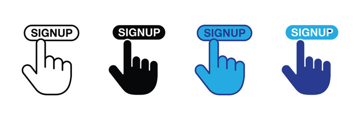 Four different styles of a hand cursor clicking a signup button, representing online registration and user engagement actions.