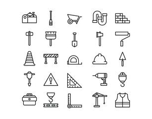 Vector Collection of Builder Tools and Engineering Equipment. Set of Thin Line Icons for Construction, Building, and Safety.