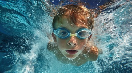 Naklejka premium A young boy swims underwater wearing goggles surrounded by bright blue water and bubbles. The sun shines brightly above creating a joyful scene of summer fun.