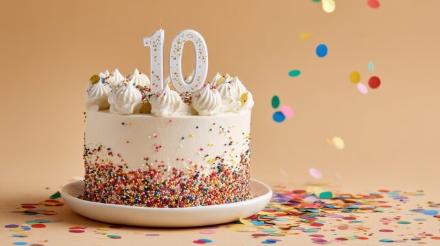 A decorated cake sits on a plate featuring ten candles on top. Colorful sprinkles cover the sides while confetti falls around it creating a joyful party vibe just right for a birthday celebration.