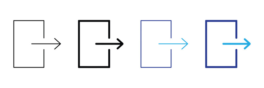 Set of four simple door entry or exit icons with arrows, isolated on white, representing forward movement and access