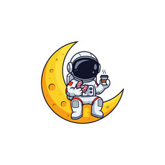 Astronaut enjoying coffee and a donut while sitting on the moon.