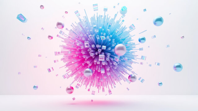 Vibrant abstract design featuring burst of colorful geometric shapes and spheres in shades of blue and pink, creating dynamic visual effect