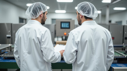 Efficient workers in lab coats and hairnets observe machinery in modern facility, ensuring quality control and safety standards