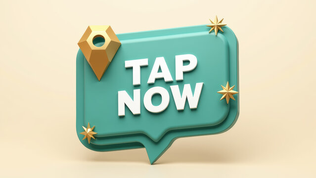 Tap now button with location pin and decorative stars, designed in modern style, ideal for digital interfaces and applications
