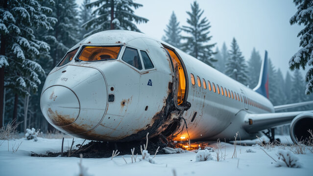 Abandoned airplane in snowy forest, showcasing rust and decay, surrounded by tall evergreen trees, evoking sense of isolation and mystery