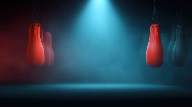 Dramatic Boxing Gym Environment with Red Punching Bags Illuminated by Blue and Red Lights for Fitness and Training Themes